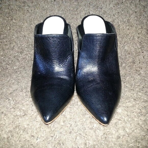 AGAIN&AGAIN-Stiletto Mules-Black Leather-Snakeskin Pattern-Sz 37-6.5US-NEAR MINT - Picture 3 of 7